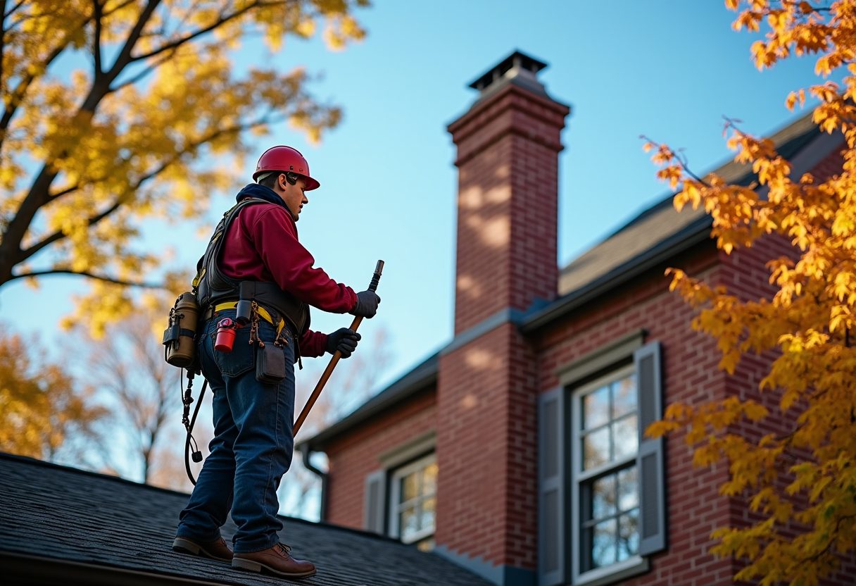 Chimney sweep on the roof of a brick colonial home — Potomac