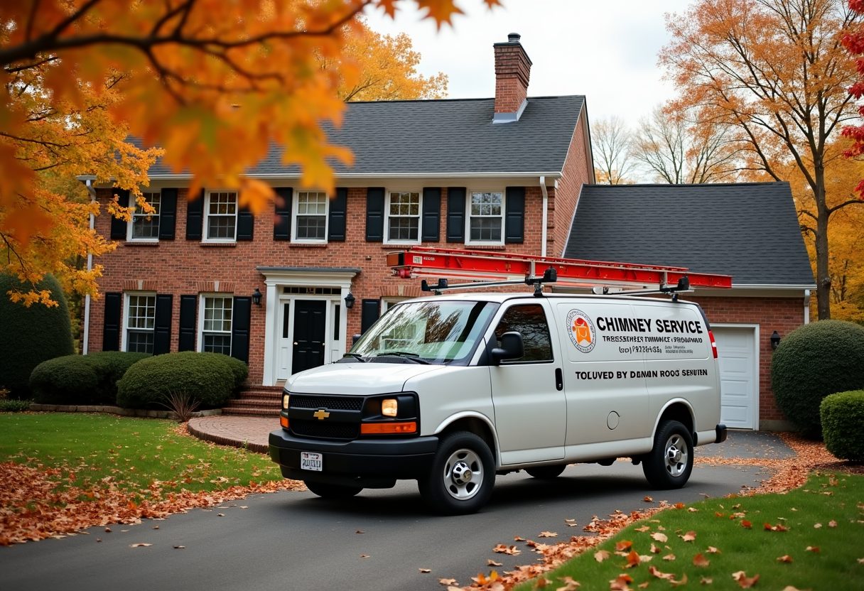 Chimney service van in a colonial home driveway — Potomac